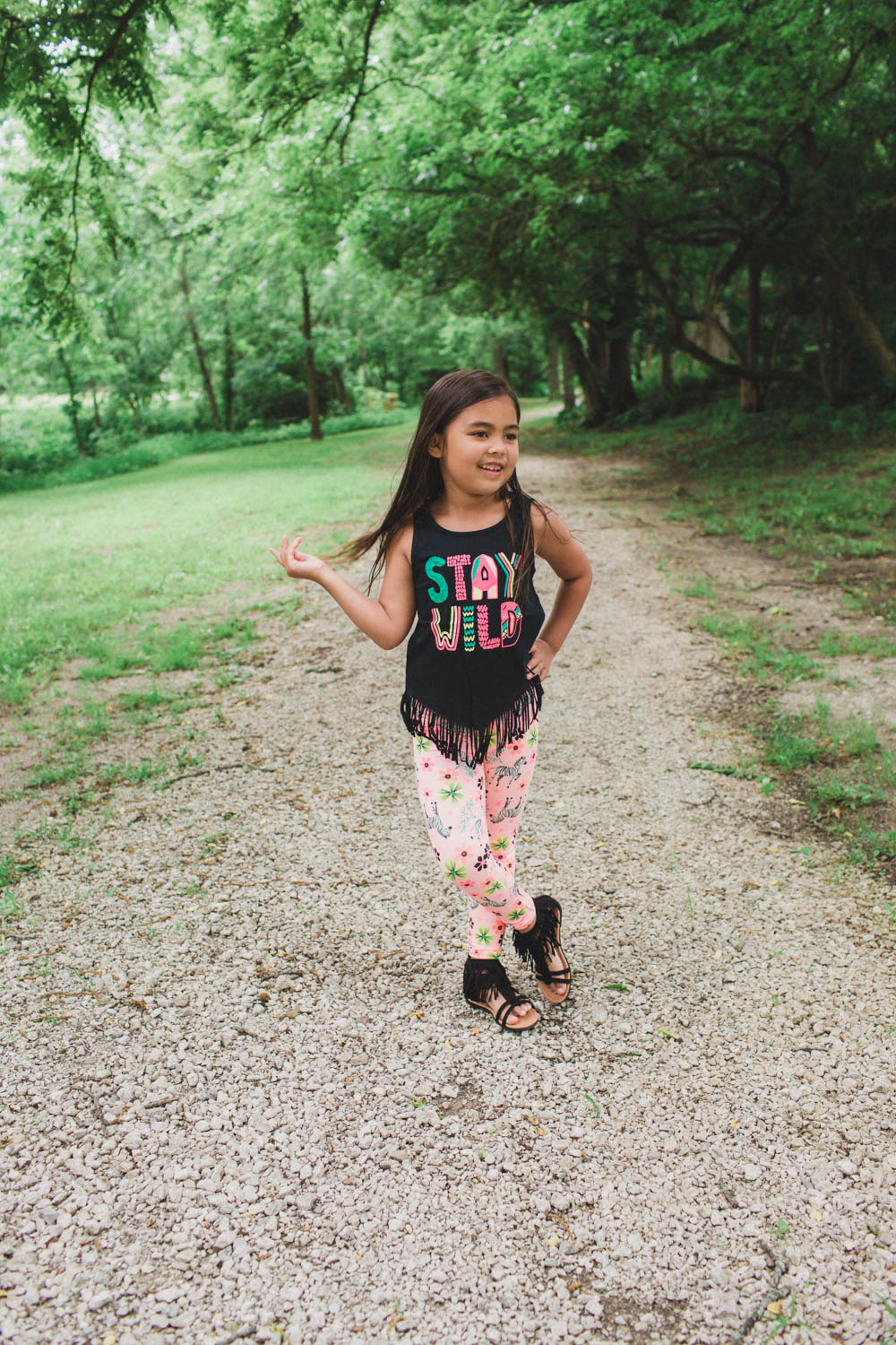 Fringe stay wild shirt with jungle themed leggings and fringe shoes! Super cute and adorable for eight year old girls.
