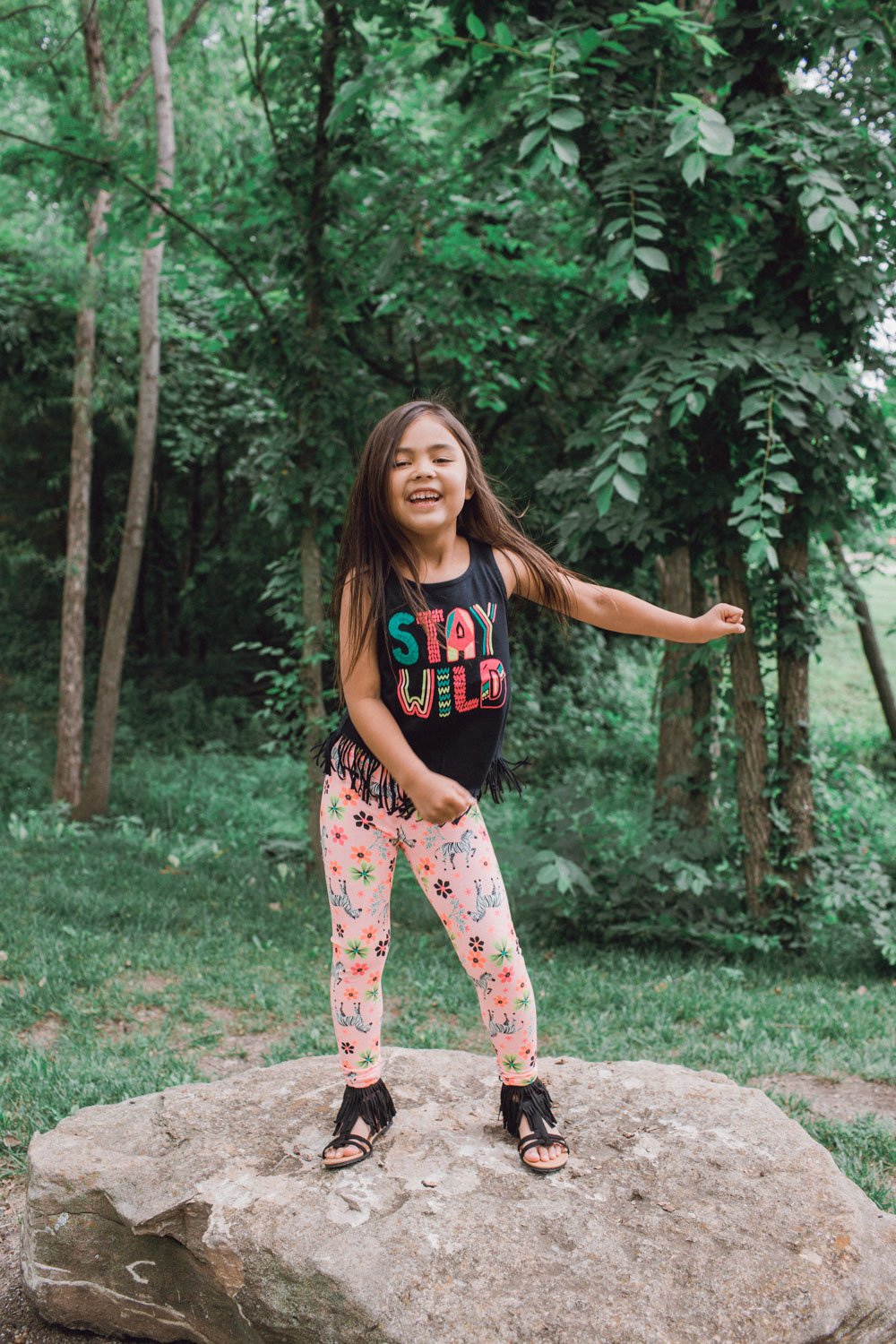 Fringe stay wild shirt with jungle themed leggings and fringe shoes! Super cute and adorable for eight year old girls.