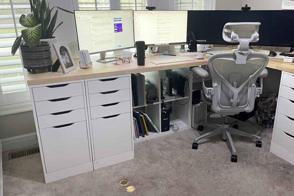 desktop ikea alex cabinet with wood trim riser and make it taller