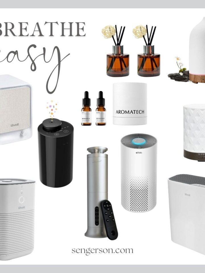 fresh air essentials collage featuring home air purifiers and humidifiers