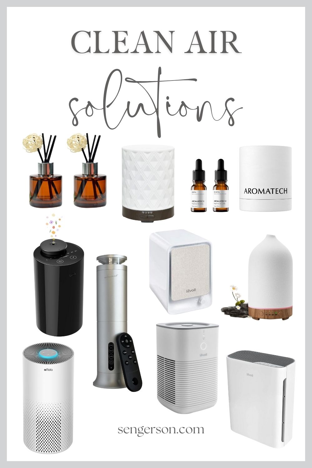 fresh air essentials collage featuring home air purifiers and humidifiers