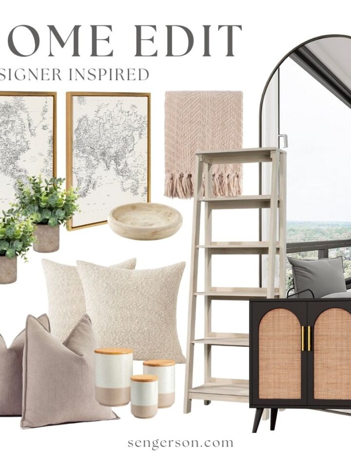 home edit designer inspired collage featuring neutral minimalist home decor accents