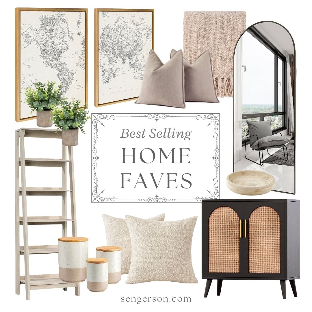 home decor best sellers collage featuring neutral accent pieces and timeless home favorites
