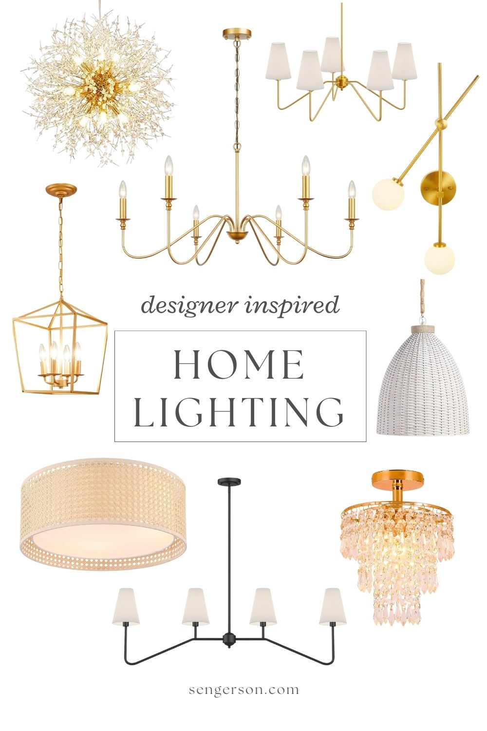 designer inspired home lighting collage featuring modern pendant and sconce fixtures