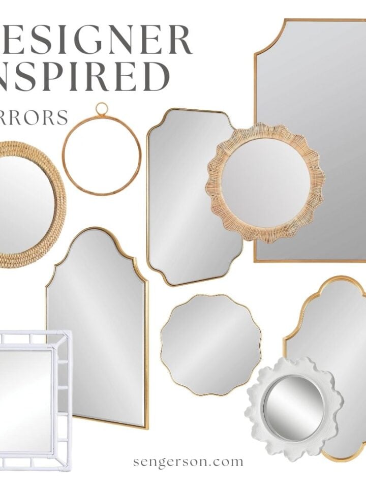 dupes for less mirrors collage featuring affordable arched and designer-inspired mirrors
