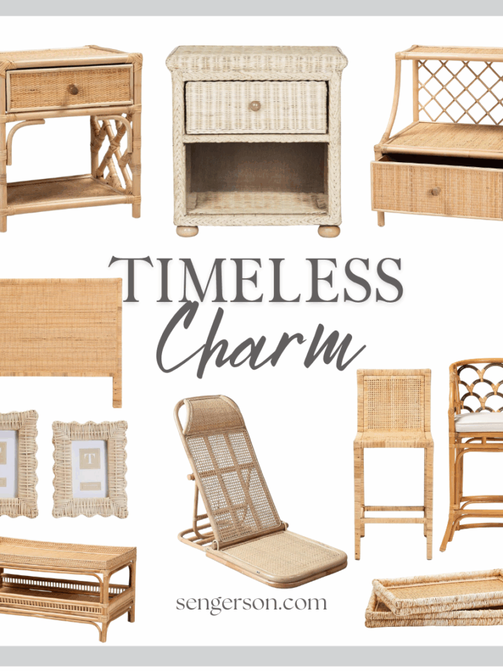 rattan home decor and furnishings collage featuring modern woven furniture and natural textures