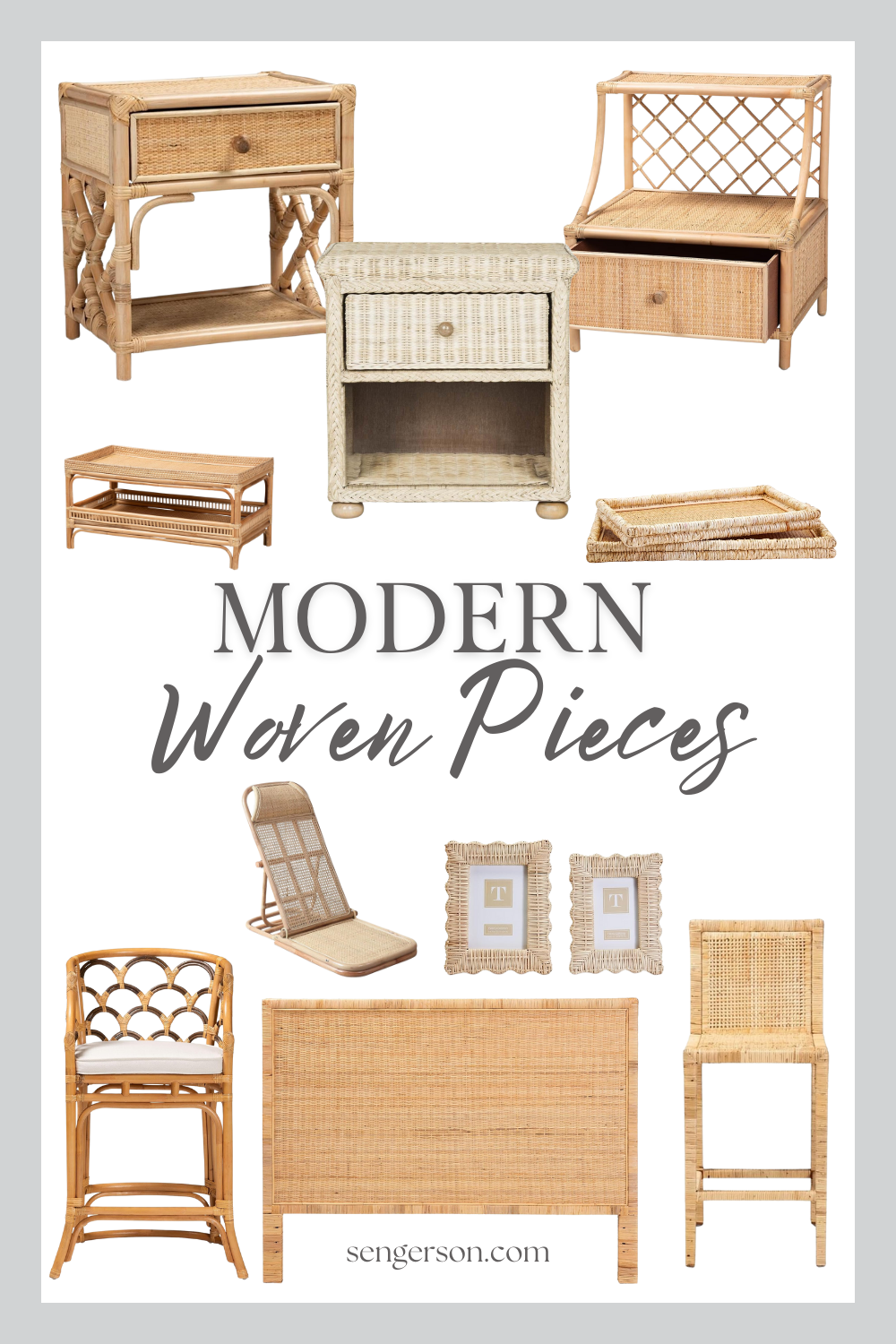 rattan home decor and furnishings collage featuring modern woven furniture and natural textures