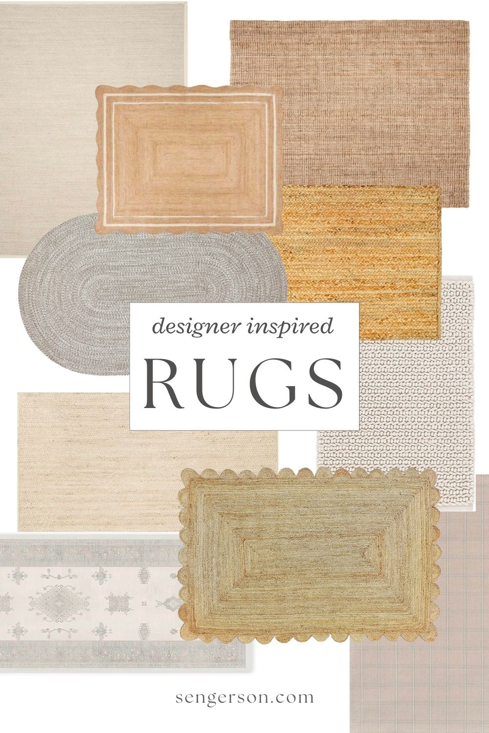designer inspired rugs collage featuring neutral patterns and modern textures