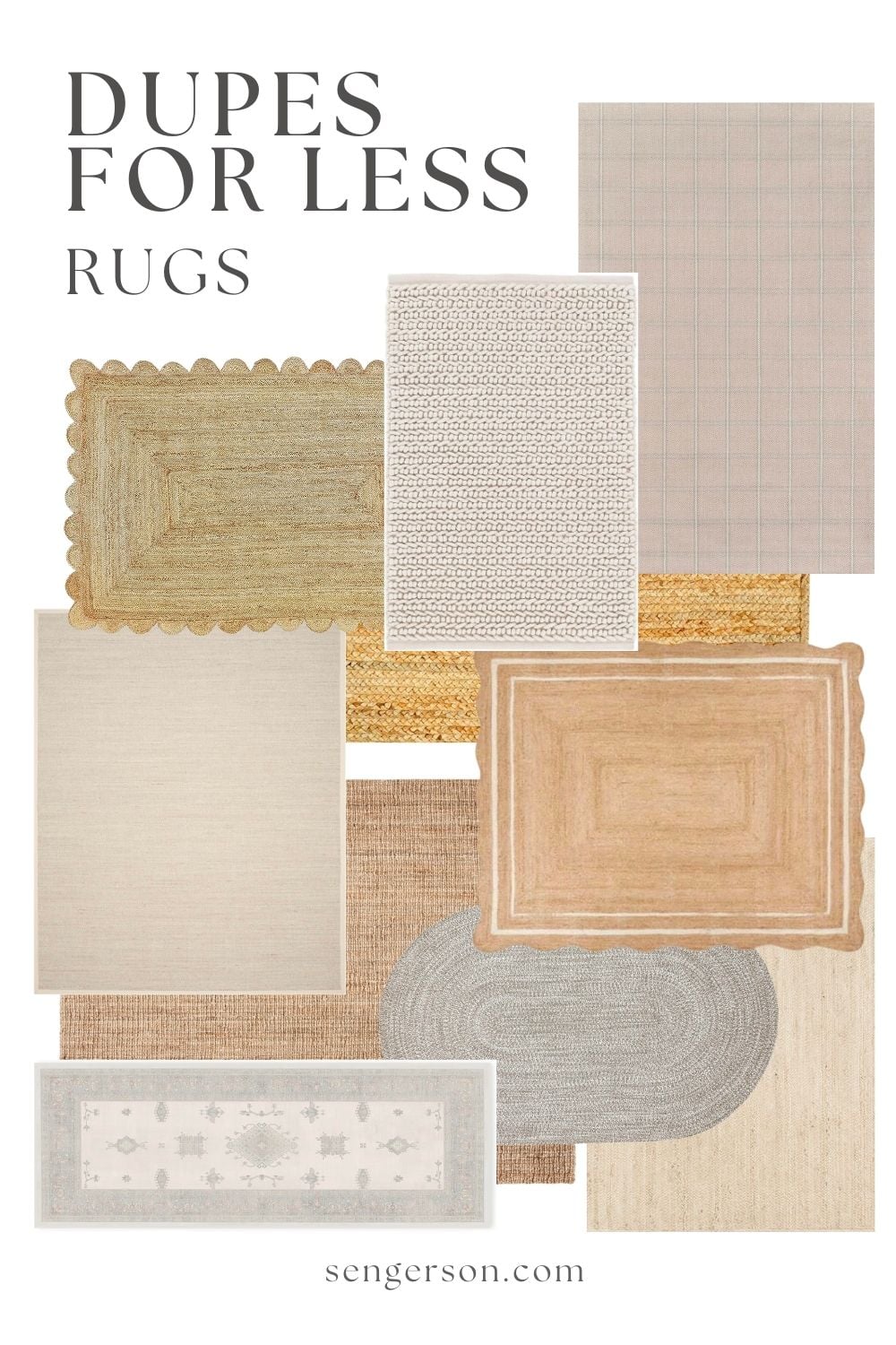 neutral rug dupes collage featuring jute and woven affordable designer look rugs