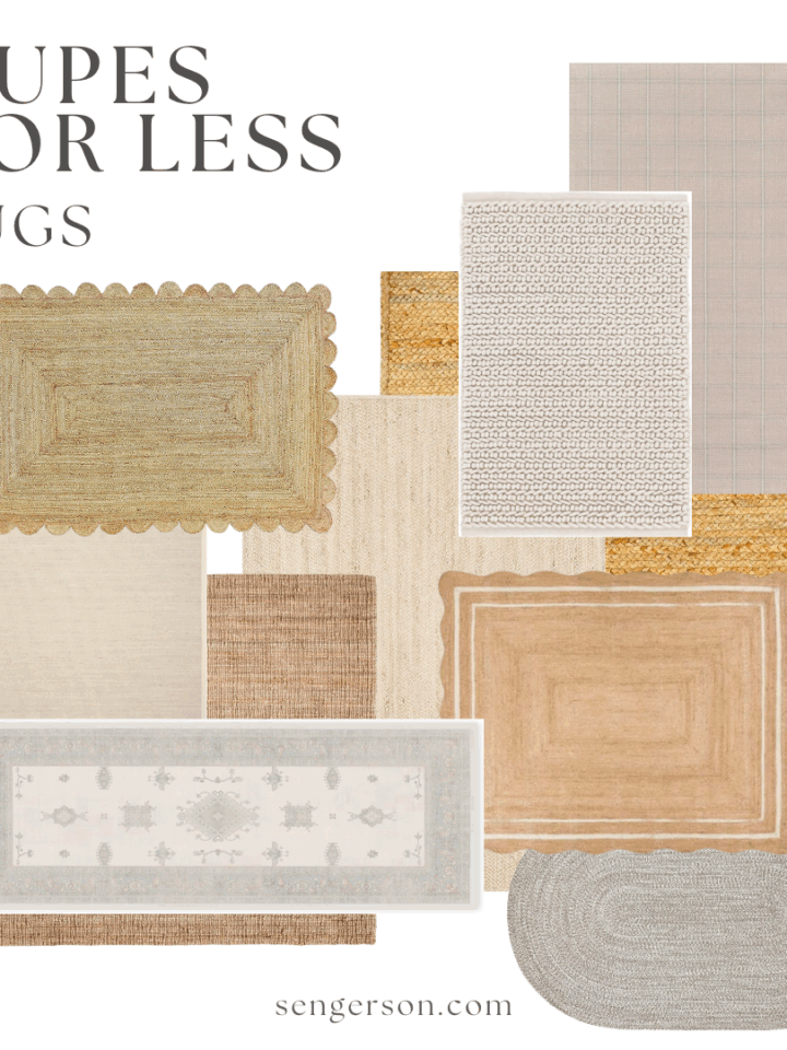 neutral rug dupes collage featuring jute and woven affordable designer look rugs