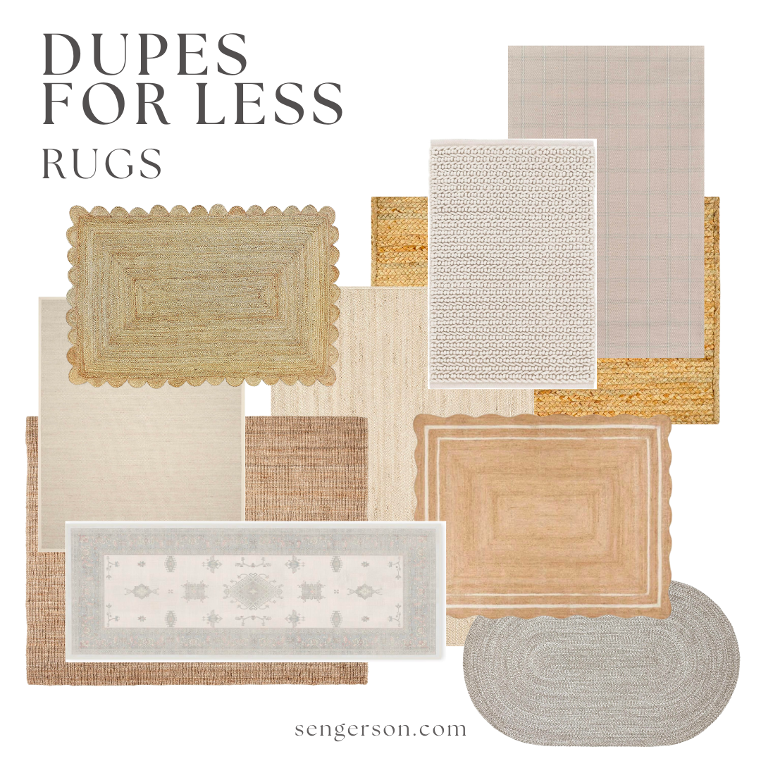 neutral rug dupes collage featuring jute and woven affordable designer look rugs
