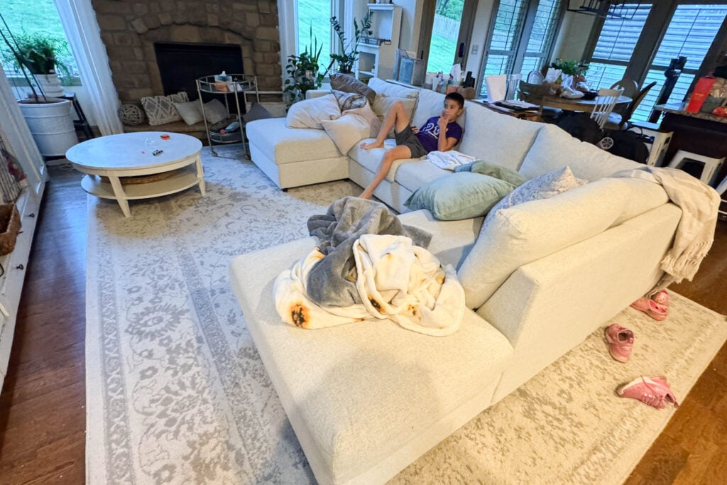 Full view of IKEA Finnala U-shaped sectional in an open-concept family living room